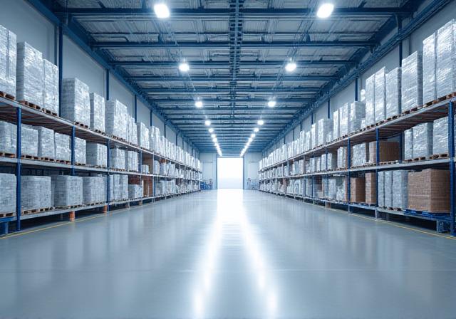 Clean modern distribution warehouse with freight loading bays