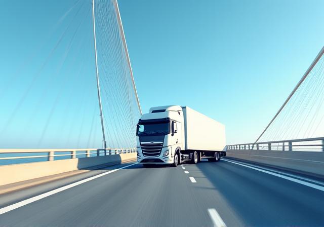 Modern JCL transport truck crossing the international bridge at sunset