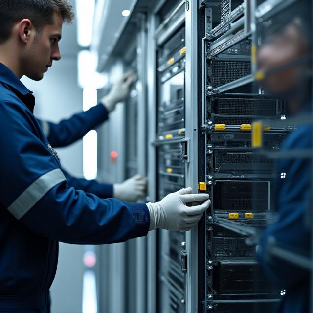 Specialized technicians moving server racks