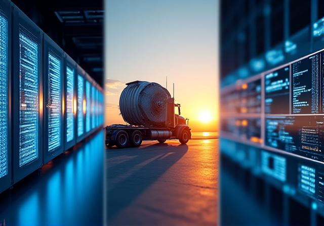 Collage of specialized freight including data center racks and industrial equipment
