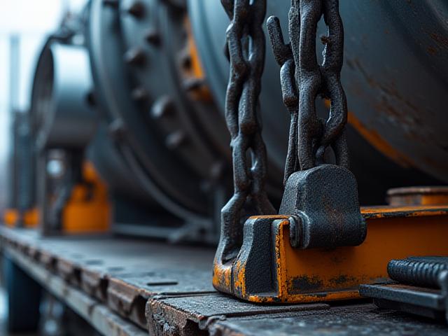 Close up of heavy industrial turbine secured on a specialized flatbed trailer